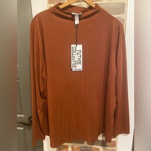 Ava & Viv Mock Neck Ribbed Light Blouse Burnt Orange / Rust NEW w/tags